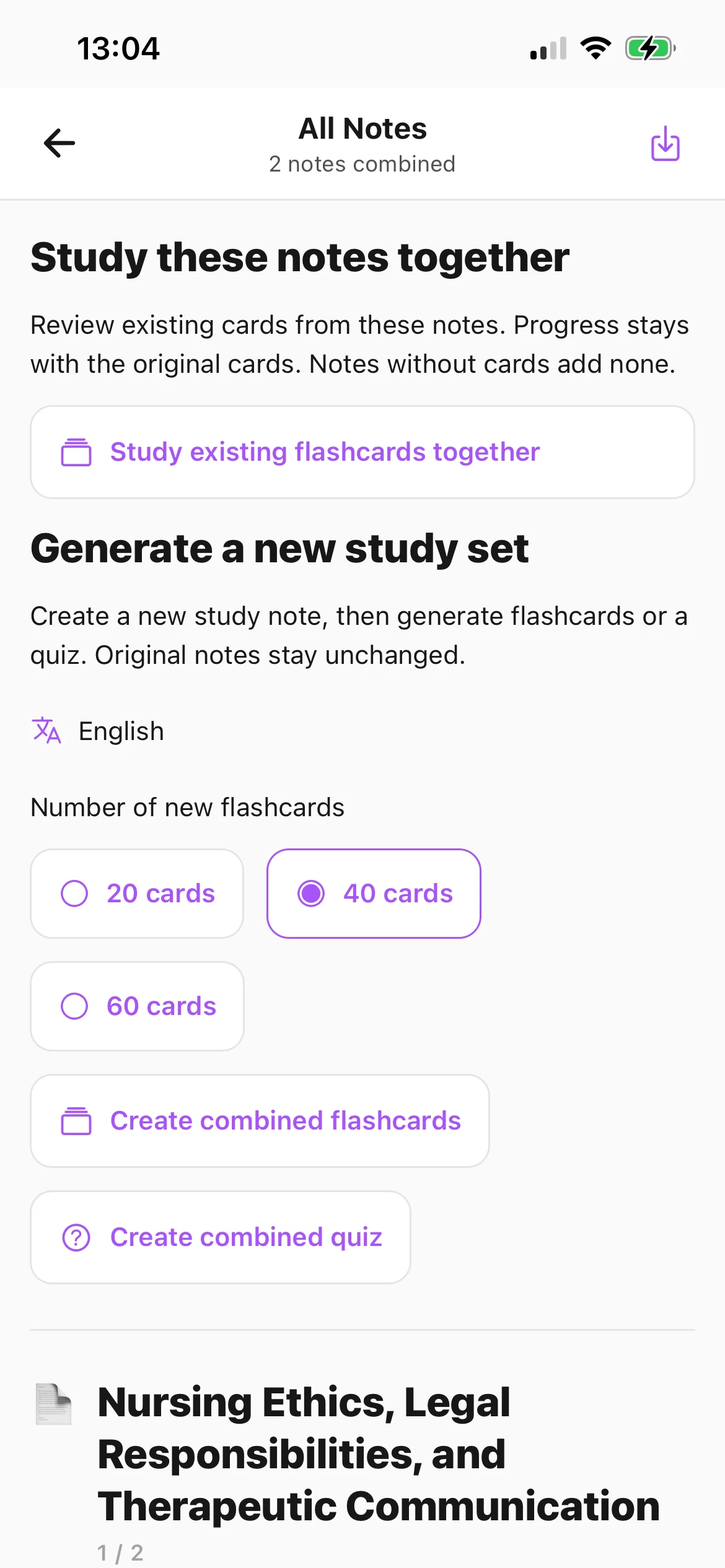 Combined study with flashcard counts and quiz generation