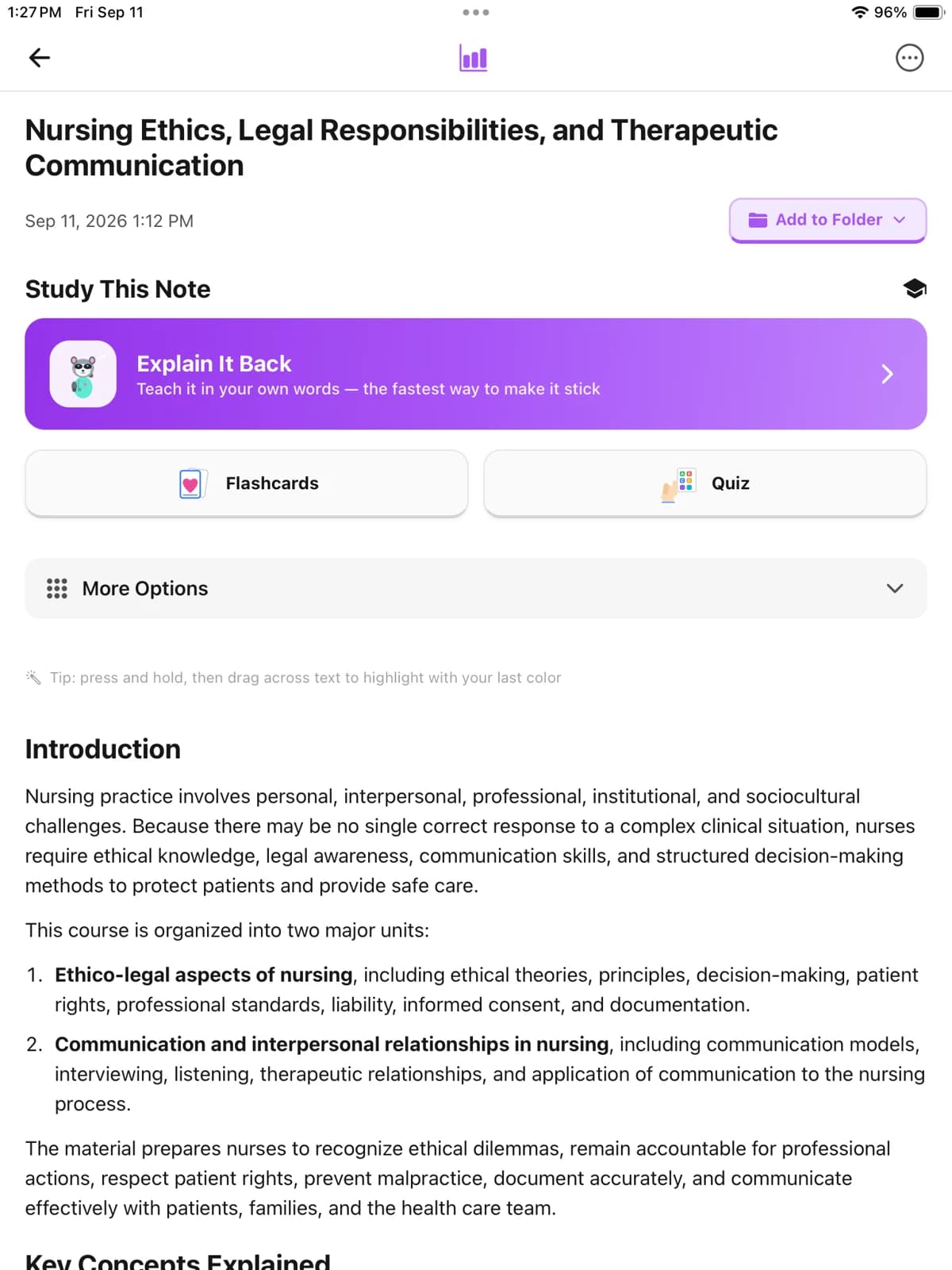 Nursing study note and study options on iPad