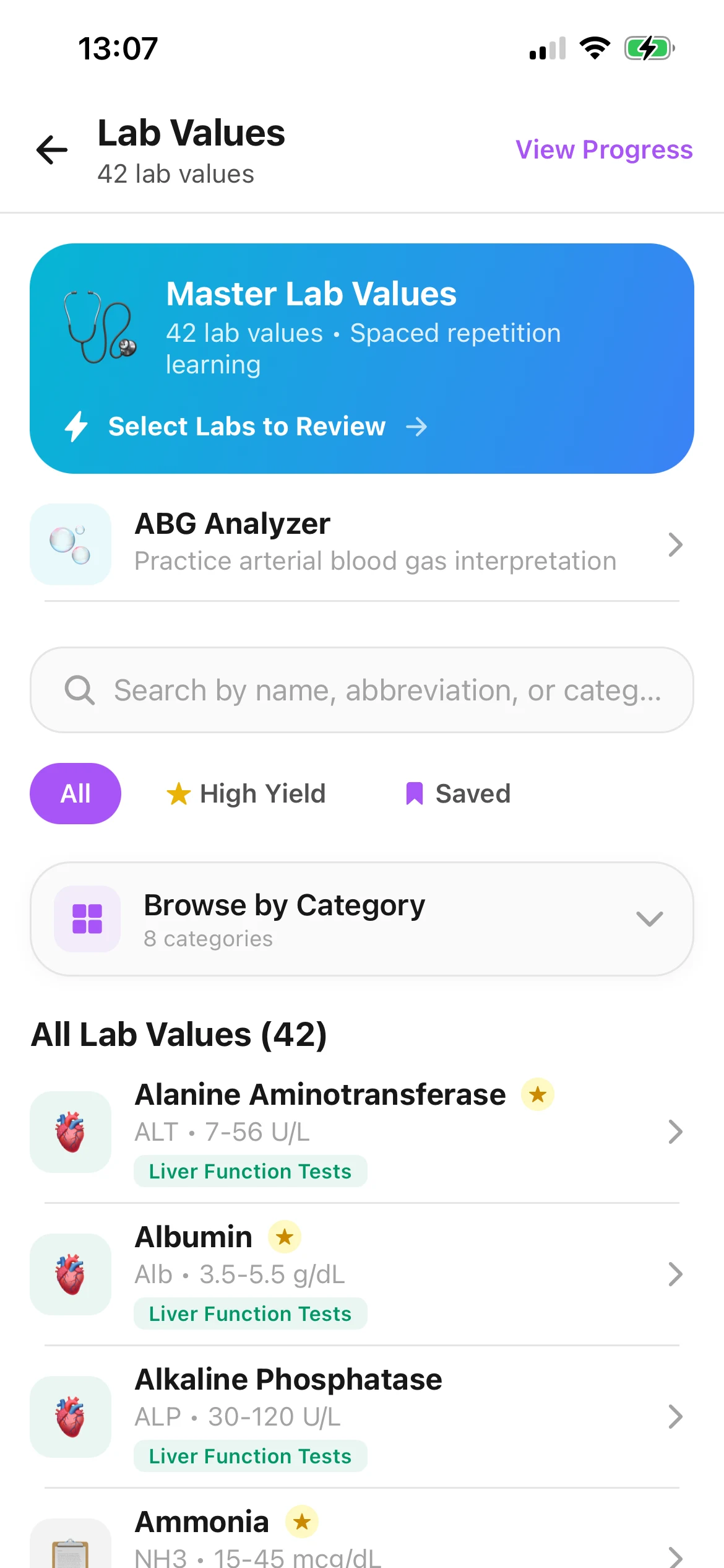 Lab values with review tools and ABG analyzer