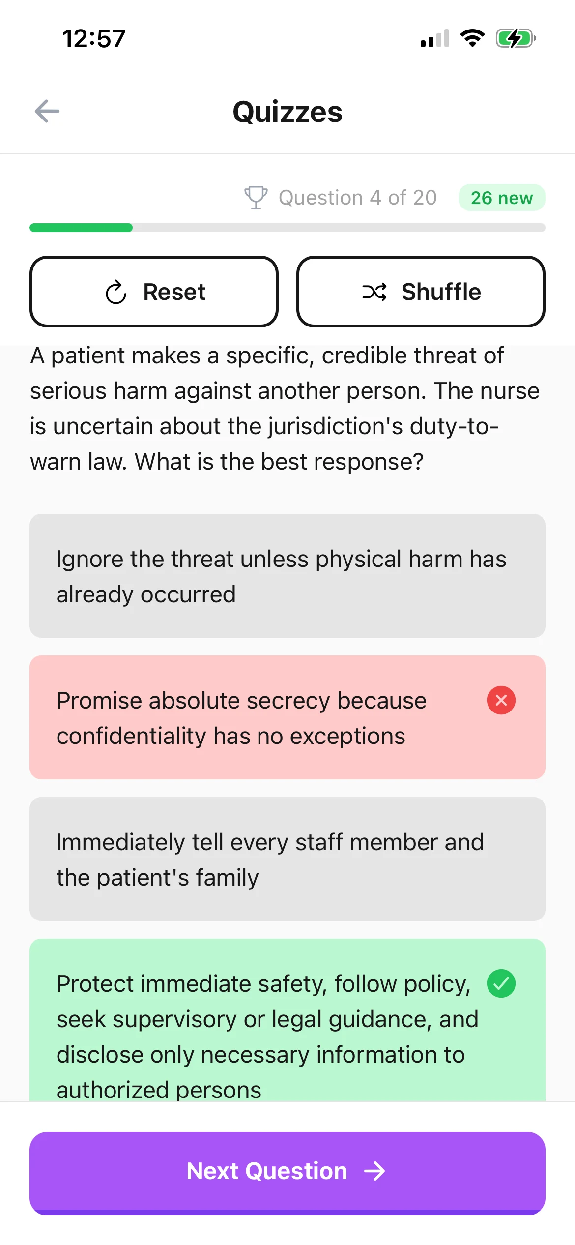 Feynman Nurse quiz with answer feedback and explanation